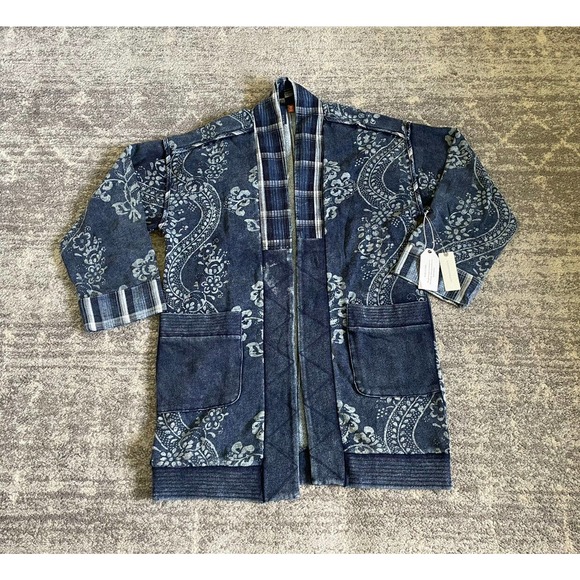 Pilcro Anthropologie Womens XXS/XS Cardigan Blue Stamped Floral Open Front O9
